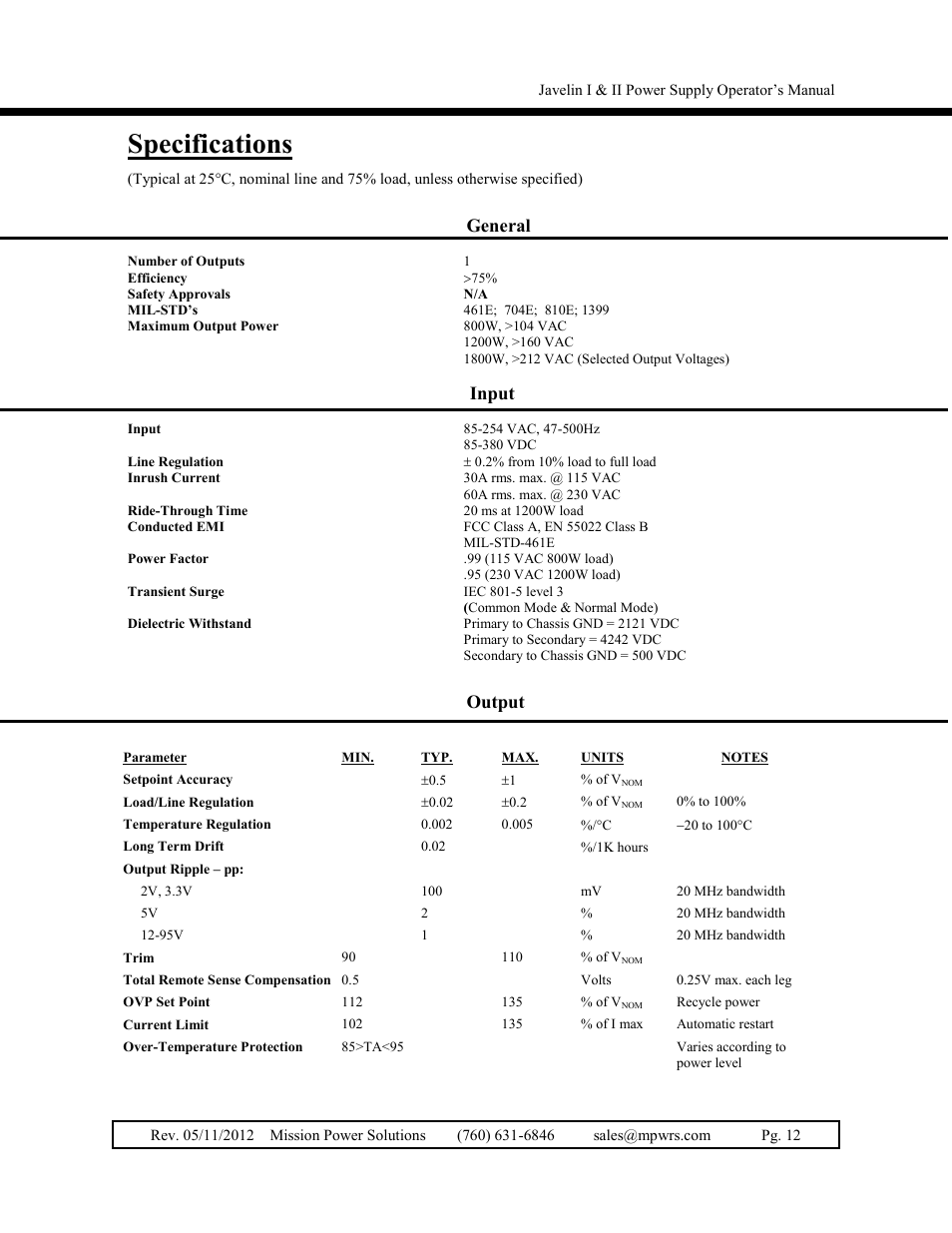 Specifications, General, Input | Output | Vicor Javelin II User Manual | Page 12 / 15