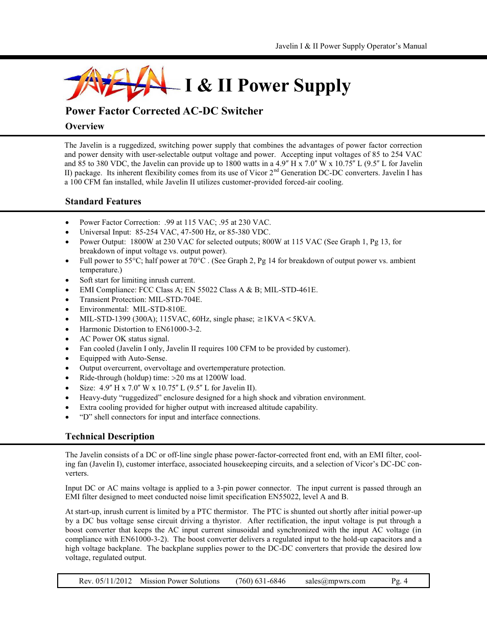 I & ii power supply, Power factor corrected ac-dc switcher | Vicor Javelin II User Manual | Page 4 / 15