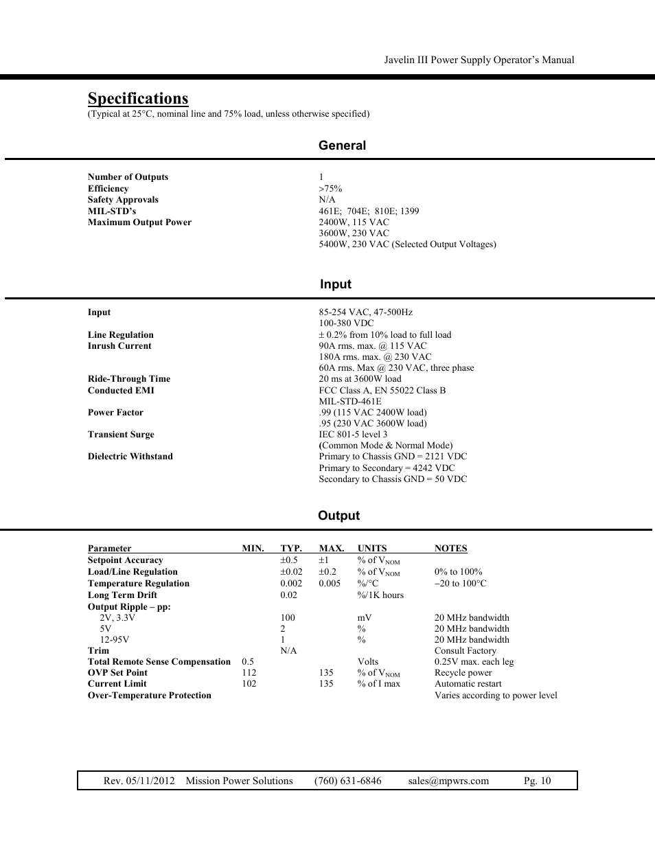 Specifications, General, Input | Output | Vicor Javelin III User Manual | Page 10 / 13