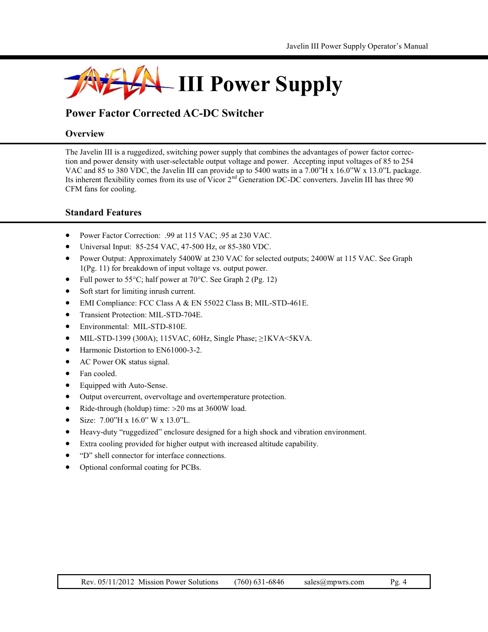 Iii power supply, Power factor corrected ac-dc switcher | Vicor Javelin III User Manual | Page 4 / 13