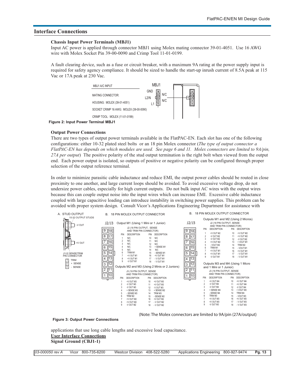 Interface connections, Flatpac-en/en mi design guide, Mbj1 | J2/j3 | Vicor FlatPAC-EN MI EN Compliant Autoranging Switchers User Manual | Page 13 / 29