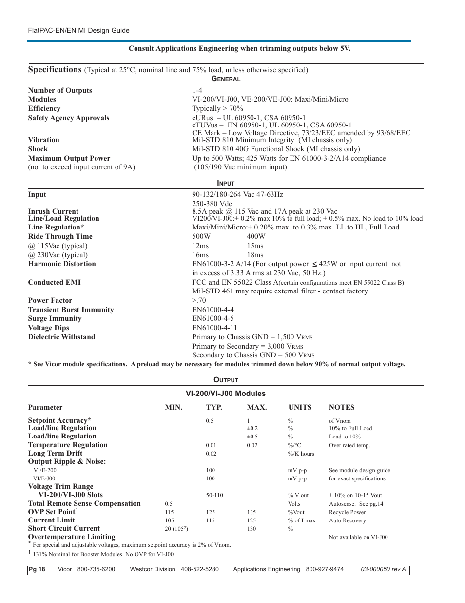 Specifications | Vicor FlatPAC-EN MI EN Compliant Autoranging Switchers User Manual | Page 18 / 29