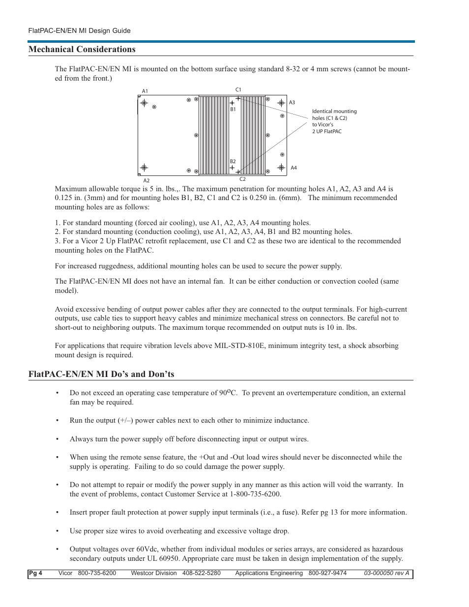 Mechanical considerations, Flatpac-en/en mi do’s and don’ts | Vicor FlatPAC-EN MI EN Compliant Autoranging Switchers User Manual | Page 4 / 29