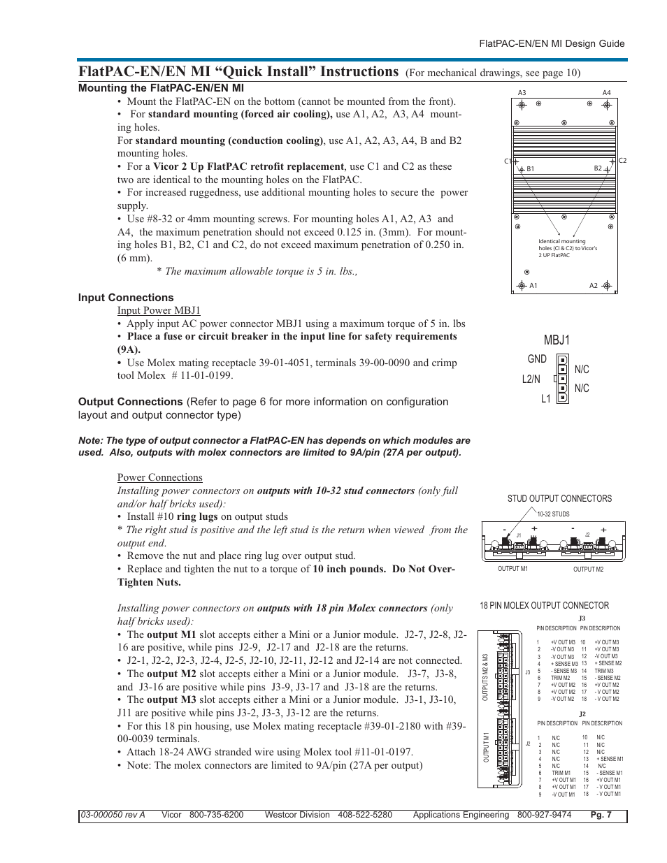 Flatpac-en/en mi “quick install” instructions, Mbj1, N/c l1 l2/n gnd | Flatpac-en/en mi design guide | Vicor FlatPAC-EN MI EN Compliant Autoranging Switchers User Manual | Page 7 / 29