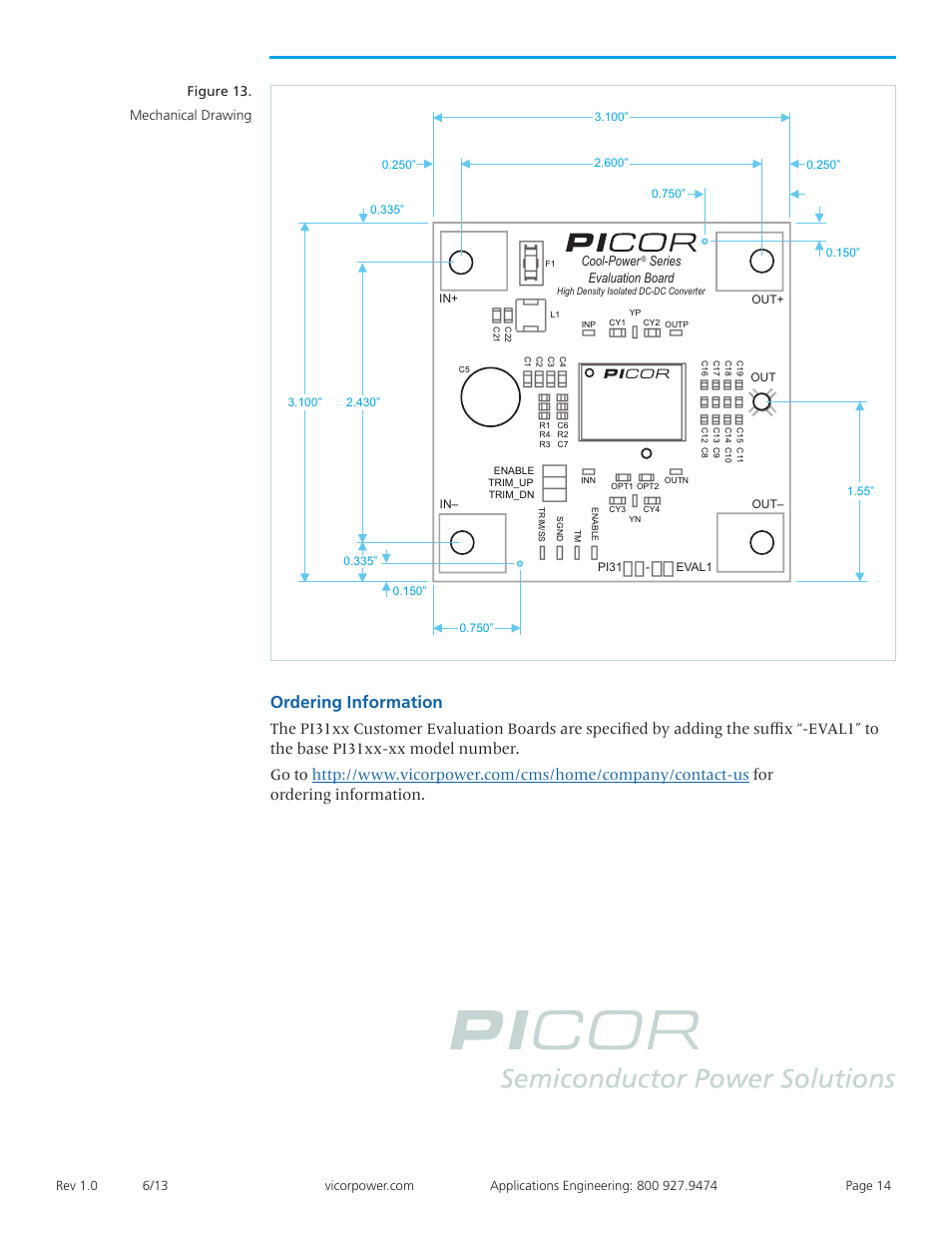 Mechanical outline, Ordering information, Figure 13. mechanical drawing | Vicor PI31xx-xx-EVAL1 Cool-Power ZVS Isolated DC-DC Converter Evaluation Board User Manual | Page 14 / 14