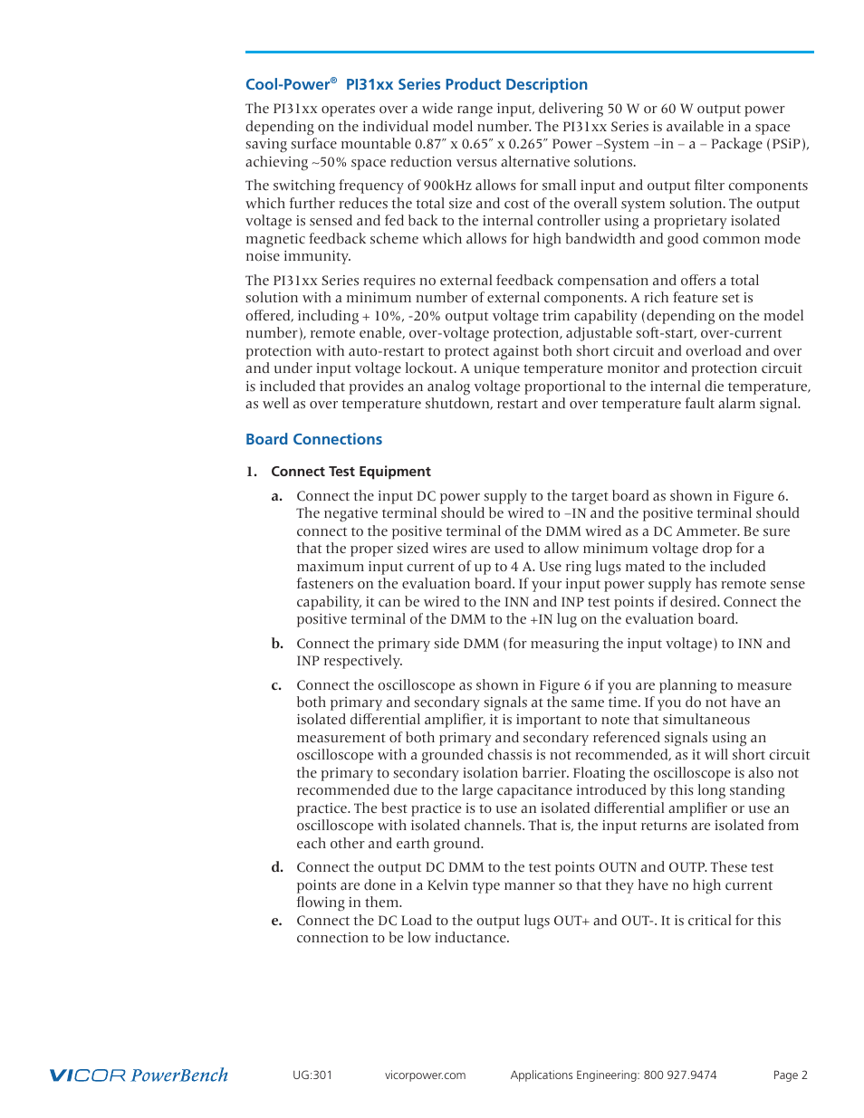 Product description, Board connections | Vicor PI31xx-xx-EVAL1 Cool-Power ZVS Isolated DC-DC Converter Evaluation Board User Manual | Page 2 / 14