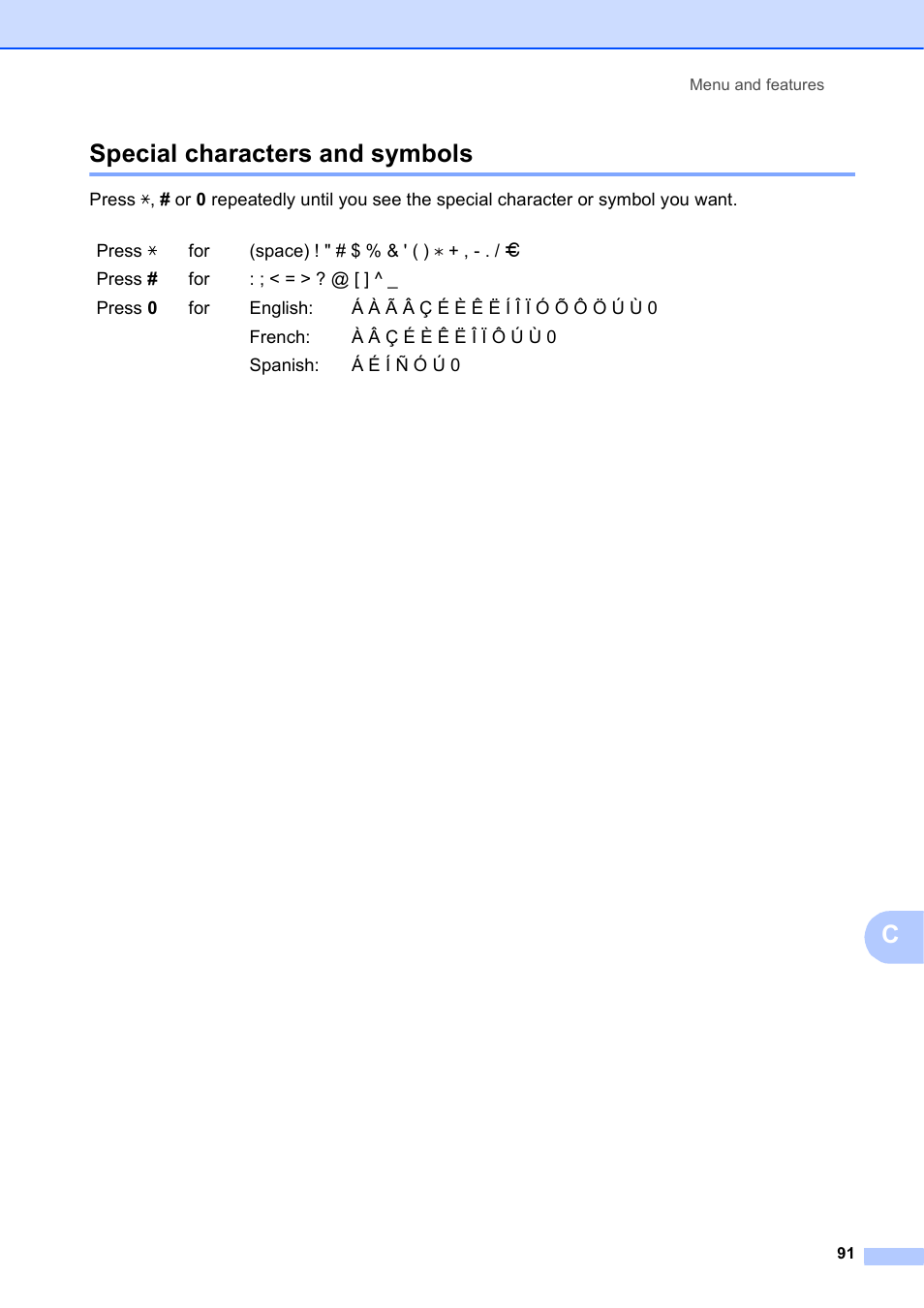 Special characters and symbols, Cspecial characters and symbols | Brother Fax Machine MFC-J425W User Manual | Page 105 / 121