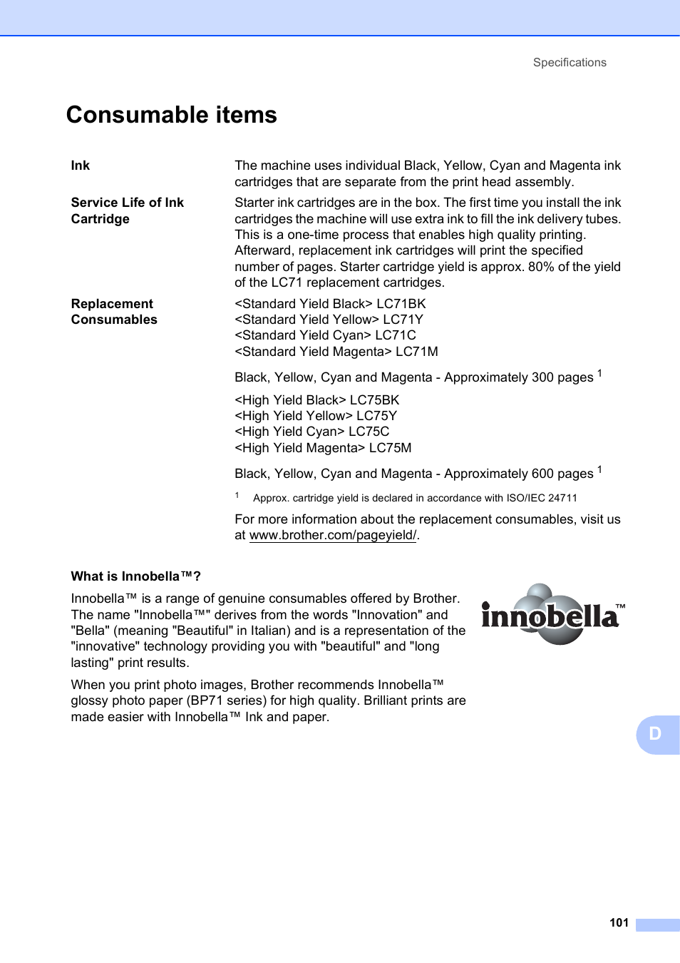 Consumable items | Brother Fax Machine MFC-J425W User Manual | Page 115 / 121