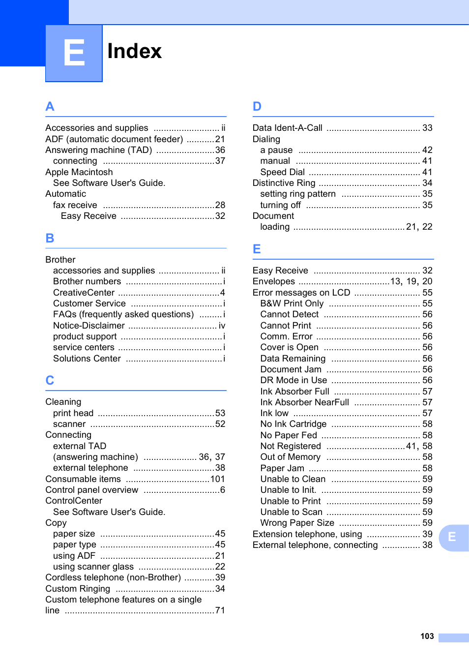 Index | Brother Fax Machine MFC-J425W User Manual | Page 117 / 121