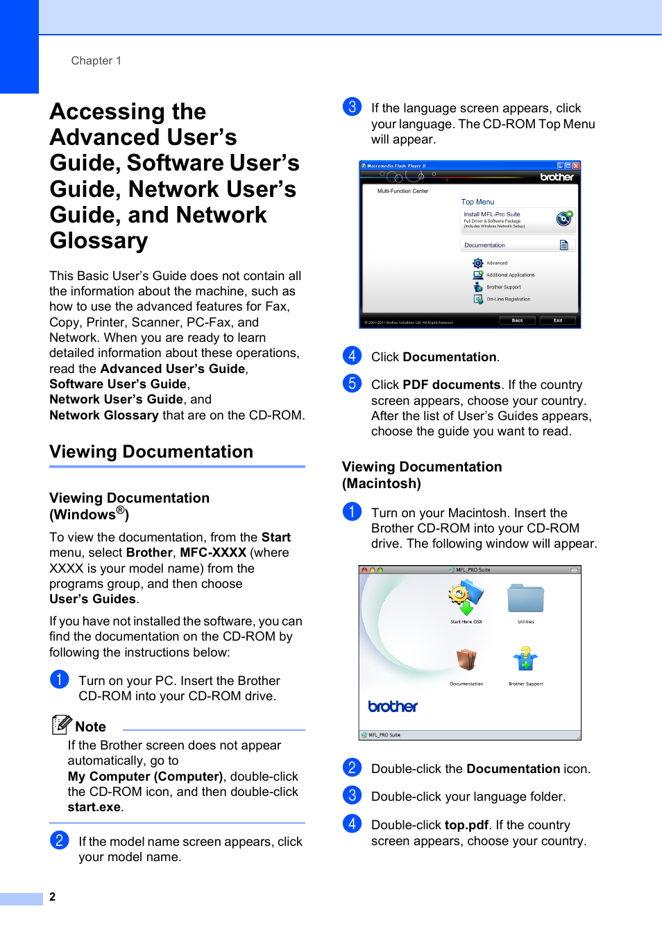 Viewing documentation, Viewing documentation (windows®), Viewing documentation (macintosh) | Network user’s guide, and network glossary | Brother Fax Machine MFC-J425W User Manual | Page 16 / 121