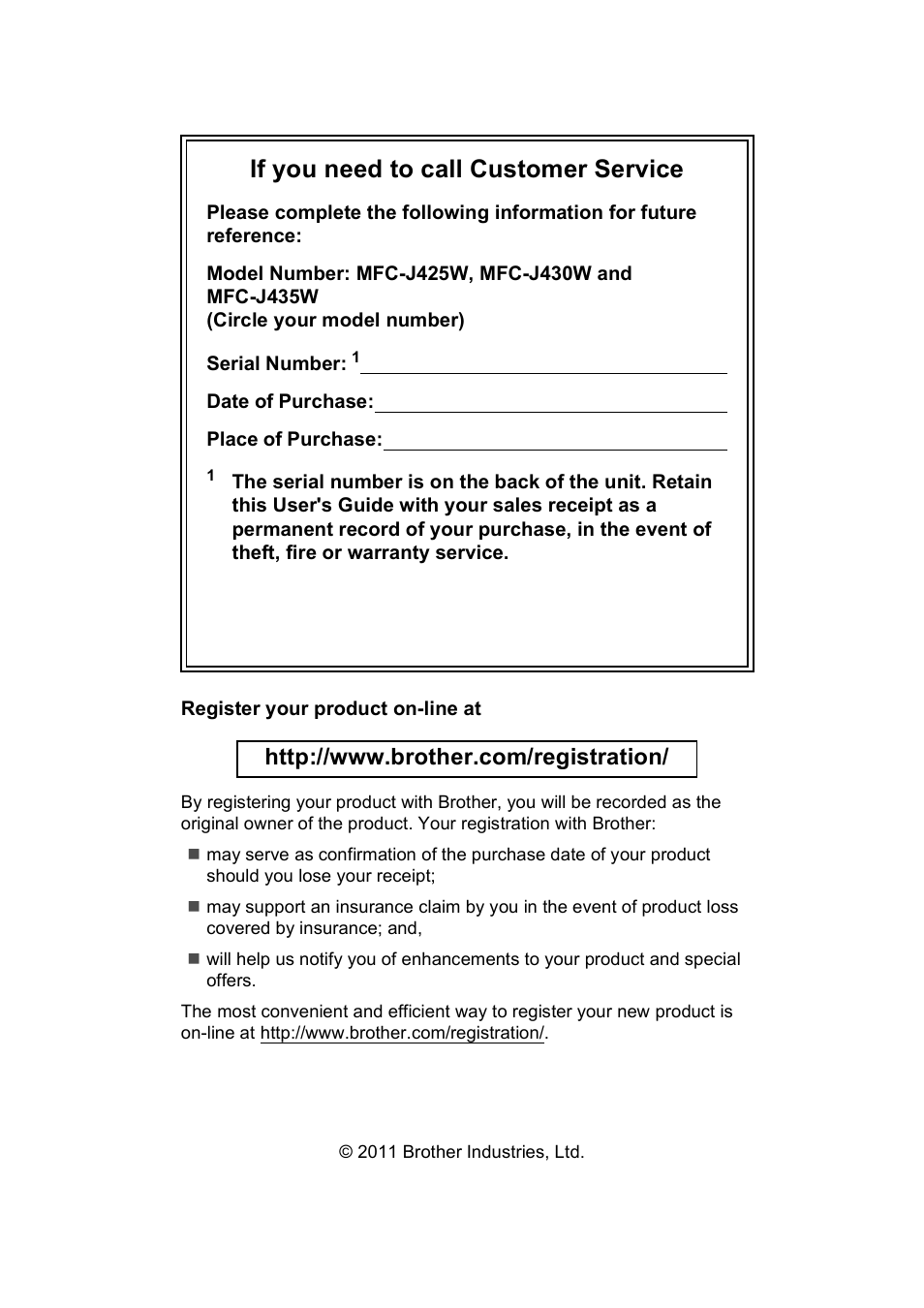 If you need to call customer service | Brother Fax Machine MFC-J425W User Manual | Page 2 / 121
