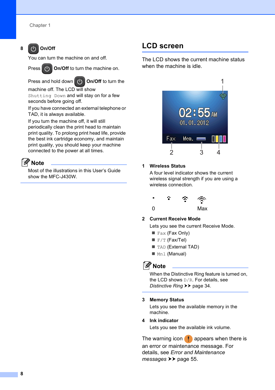 Lcd screen | Brother Fax Machine MFC-J425W User Manual | Page 22 / 121
