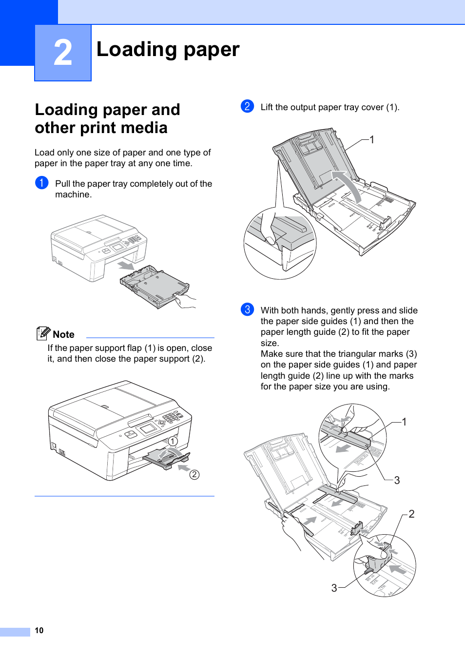 2 loading paper, Loading paper and other print media, Loading paper | Brother Fax Machine MFC-J425W User Manual | Page 24 / 121