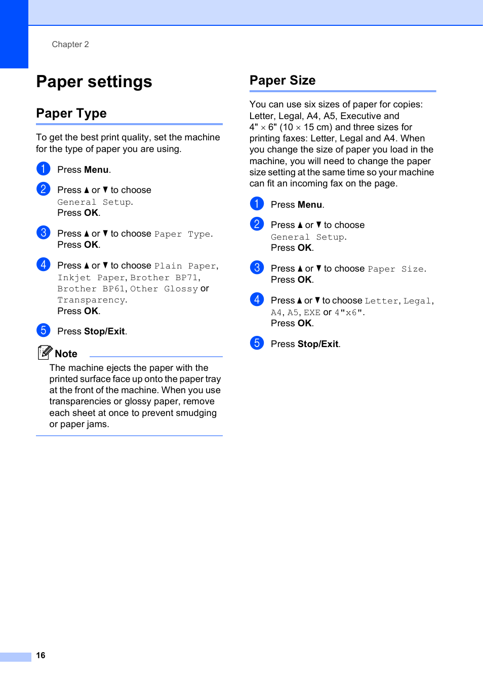 Paper settings, Paper type, Paper size | Paper type paper size | Brother Fax Machine MFC-J425W User Manual | Page 30 / 121