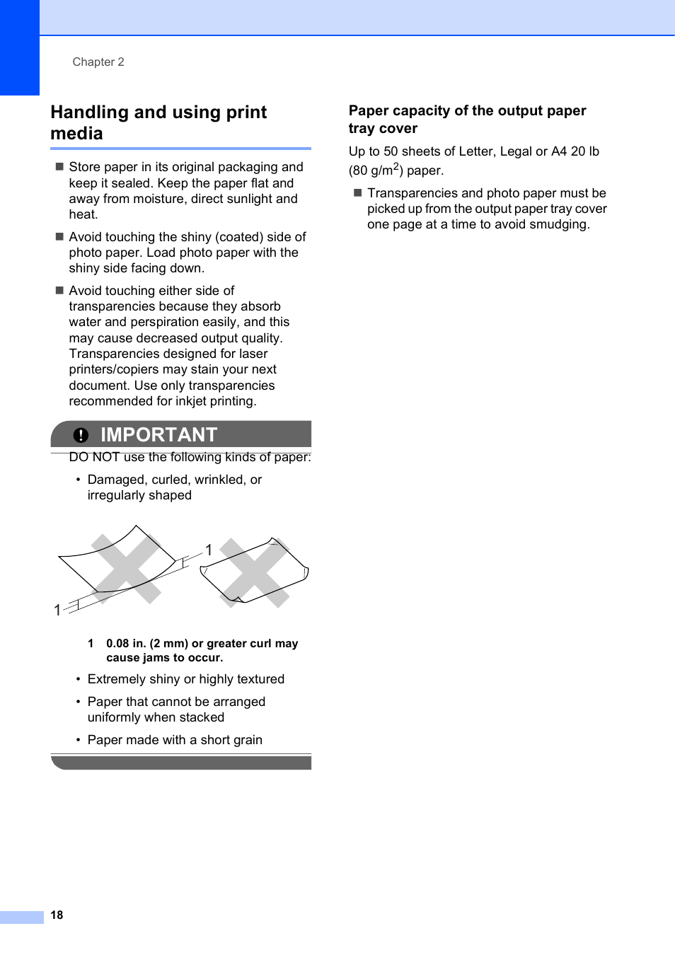 Handling and using print media, Paper capacity of the output paper tray cover, Important | Brother Fax Machine MFC-J425W User Manual | Page 32 / 121