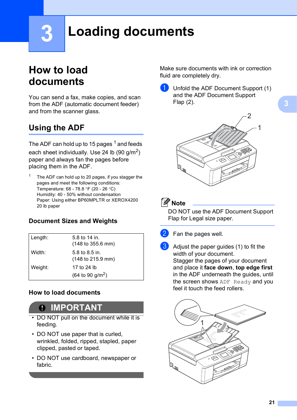 3 loading documents, How to load documents, Using the adf | Document sizes and weights, Loading documents, Important | Brother Fax Machine MFC-J425W User Manual | Page 35 / 121