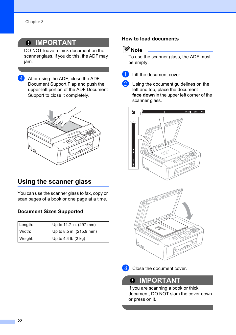 Using the scanner glass, Document sizes supported, How to load documents | Important | Brother Fax Machine MFC-J425W User Manual | Page 36 / 121