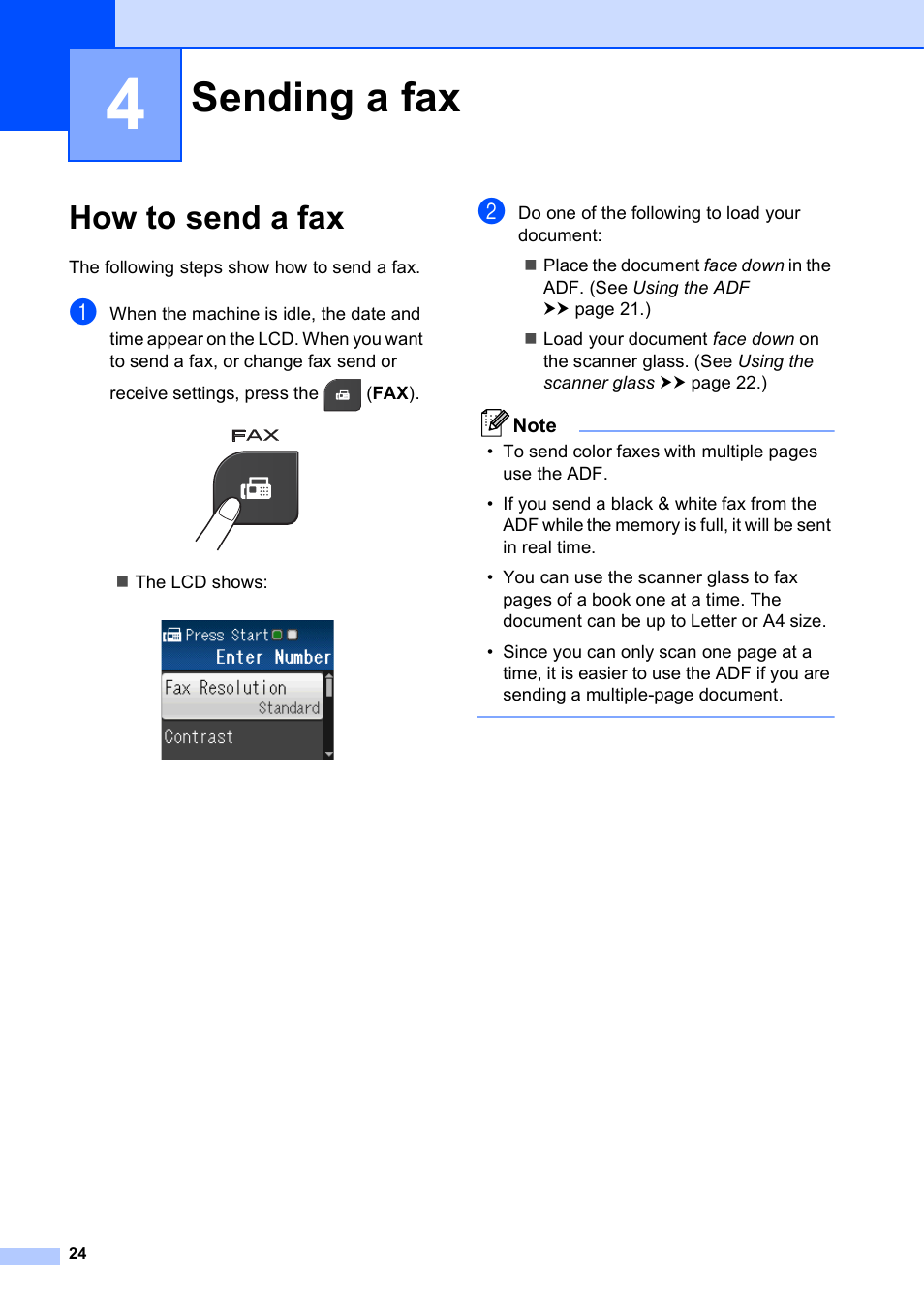 4 sending a fax, How to send a fax, Sending a fax | Brother Fax Machine MFC-J425W User Manual | Page 38 / 121