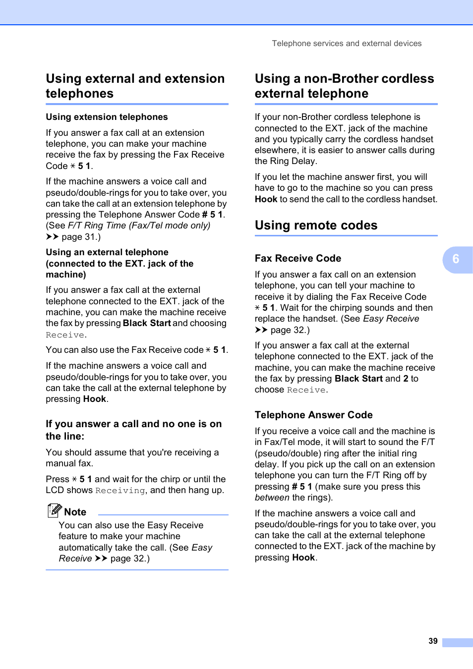 Using external and extension telephones, If you answer a call and no one is on the line, Using a non-brother cordless external telephone | Using remote codes, Fax receive code, Telephone answer code, 6using external and extension telephones | Brother Fax Machine MFC-J425W User Manual | Page 53 / 121