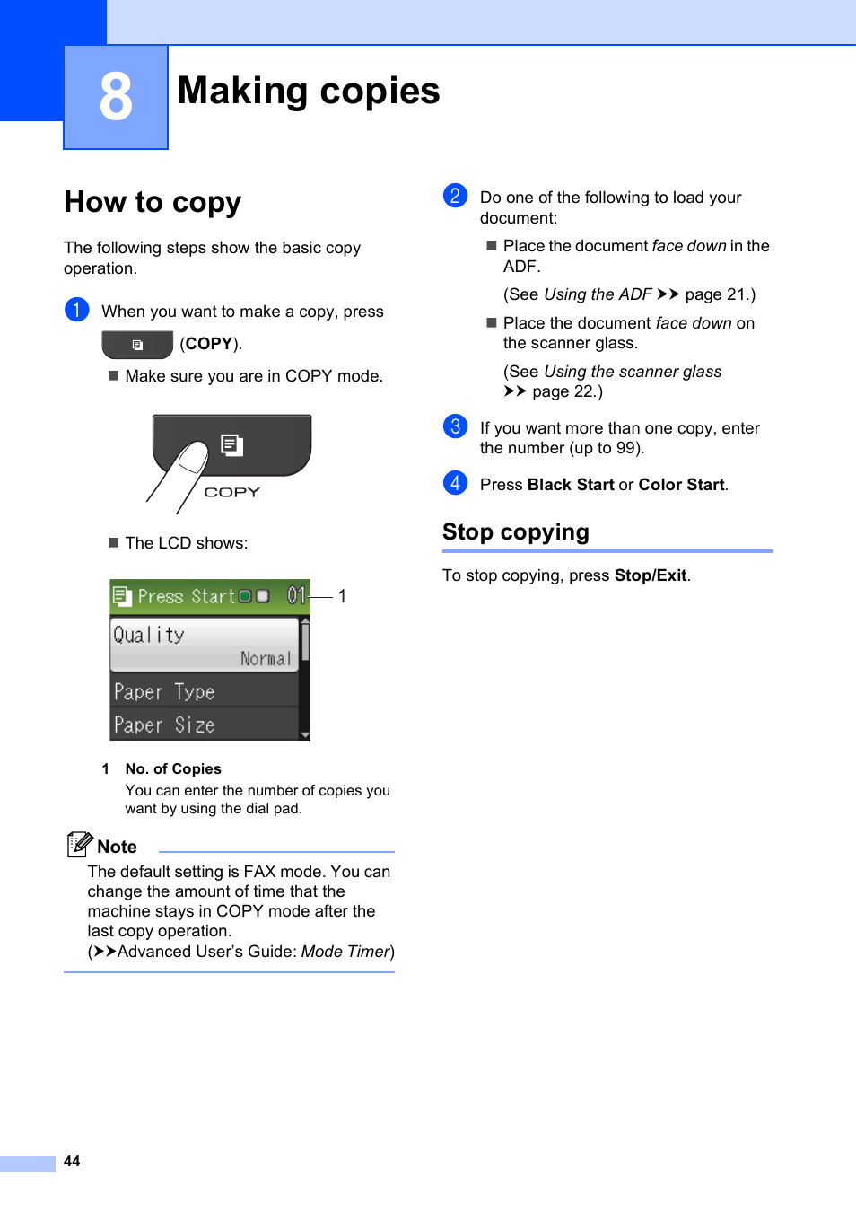 8 making copies, How to copy, Stop copying | Making copies | Brother Fax Machine MFC-J425W User Manual | Page 58 / 121