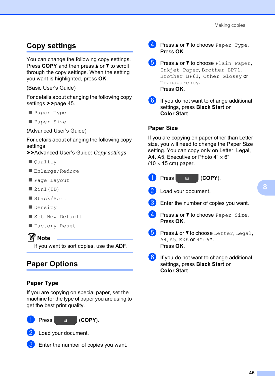 Copy settings, Paper options, Paper type | Paper size, Copy settings paper options, 8copy settings | Brother Fax Machine MFC-J425W User Manual | Page 59 / 121