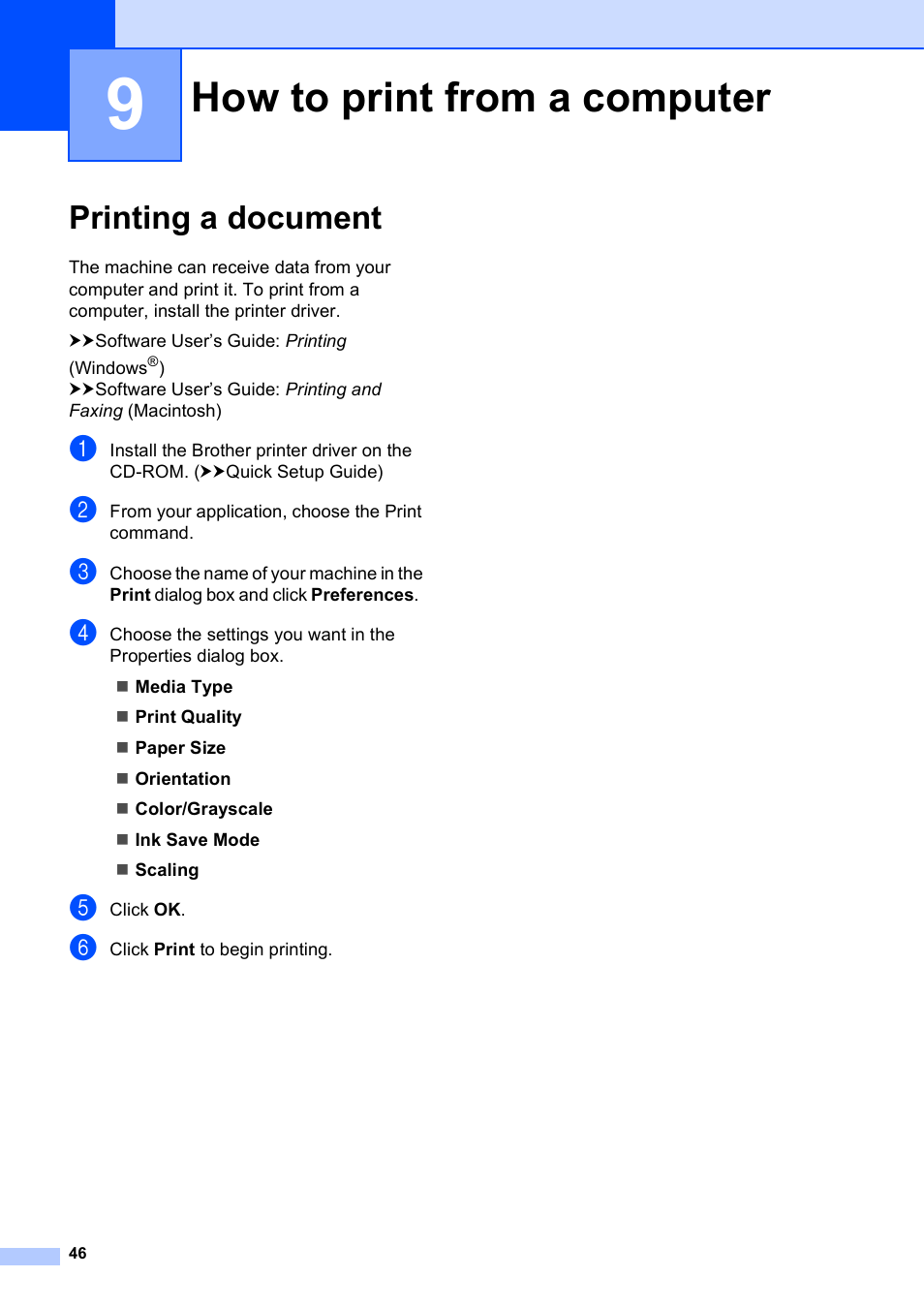 9 how to print from a computer, Printing a document, How to print from a computer | Brother Fax Machine MFC-J425W User Manual | Page 60 / 121