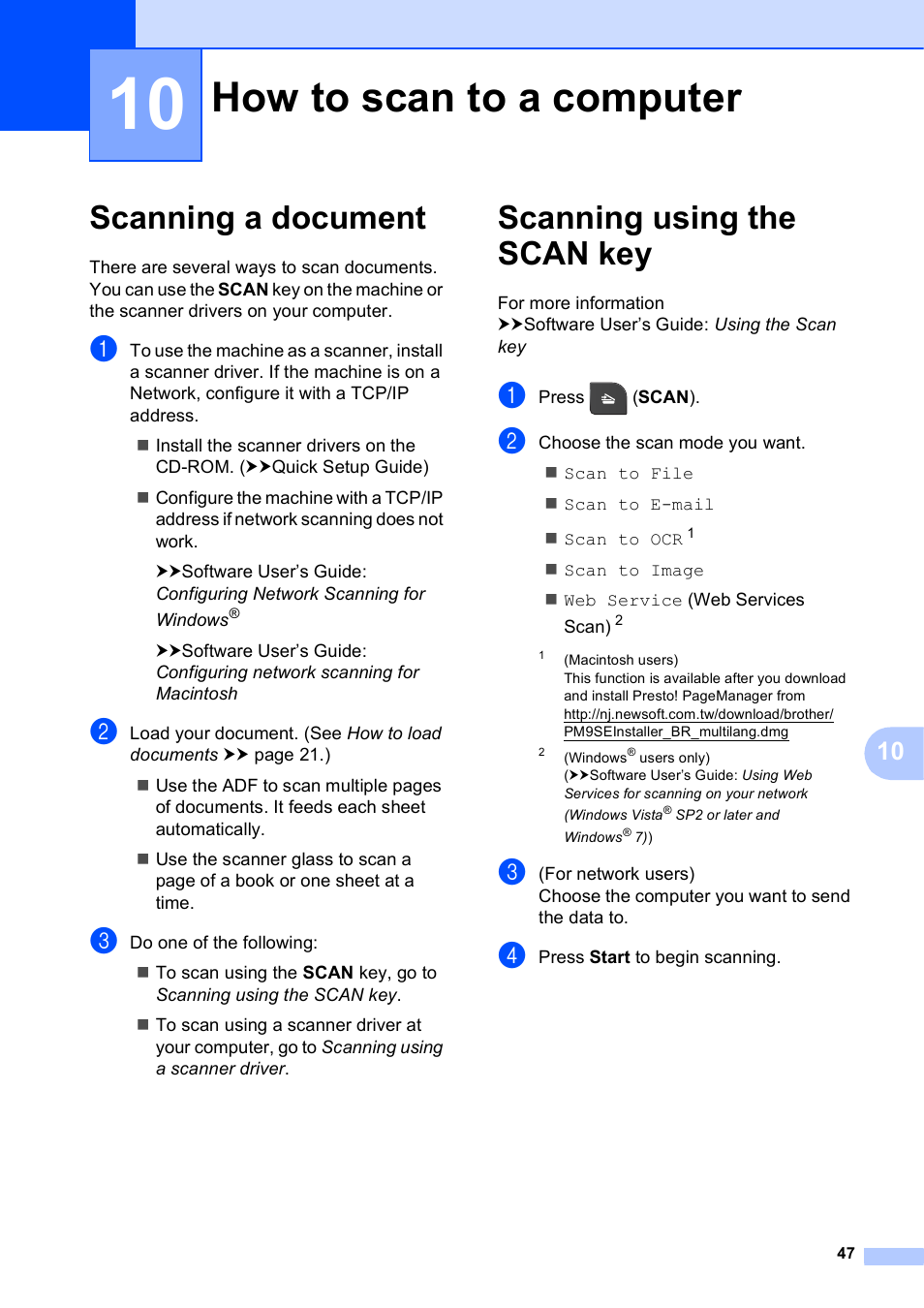10 how to scan to a computer, Scanning a document, Scanning using the scan key | How to scan to a computer, Scanning a document scanning using the scan key | Brother Fax Machine MFC-J425W User Manual | Page 61 / 121