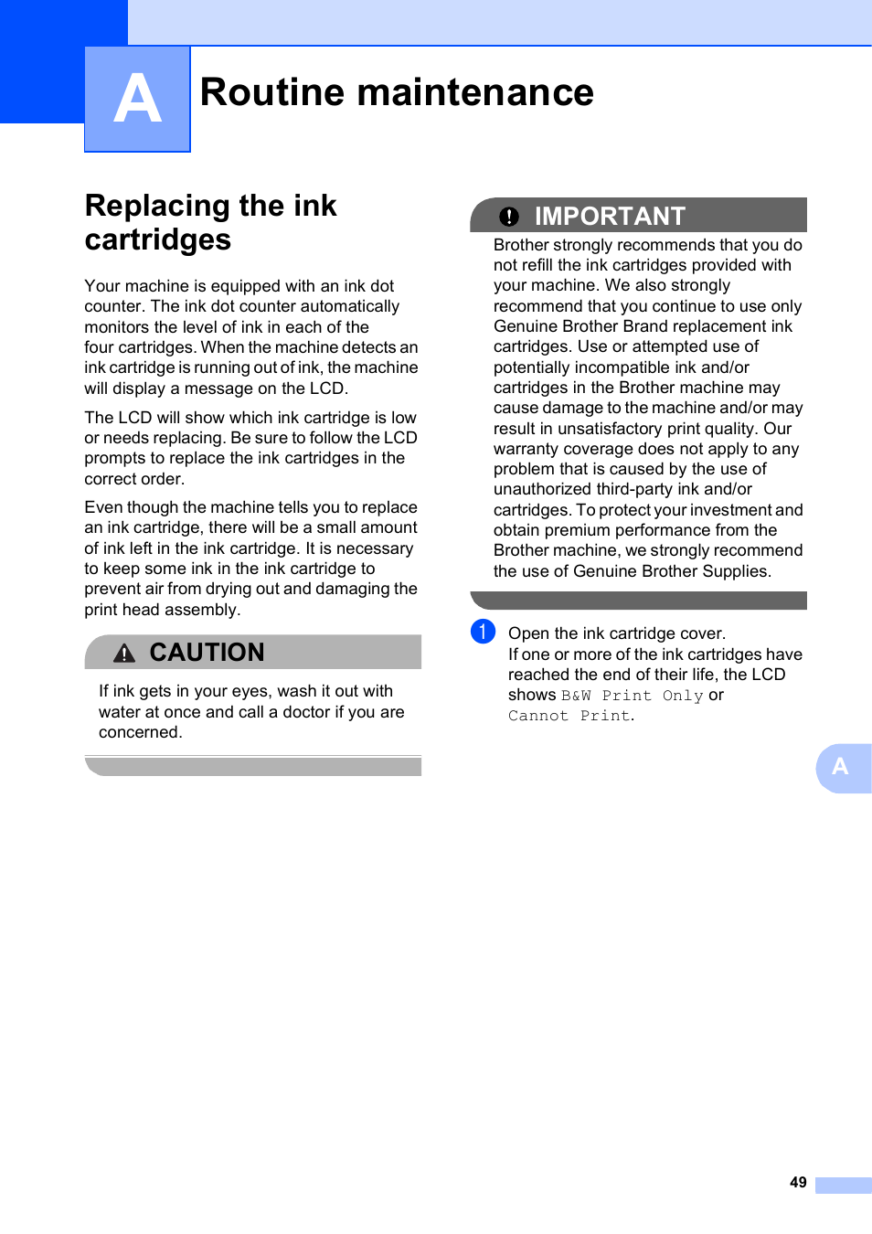 A routine maintenance, Replacing the ink cartridges, Routine maintenance | Caution, Important | Brother Fax Machine MFC-J425W User Manual | Page 63 / 121