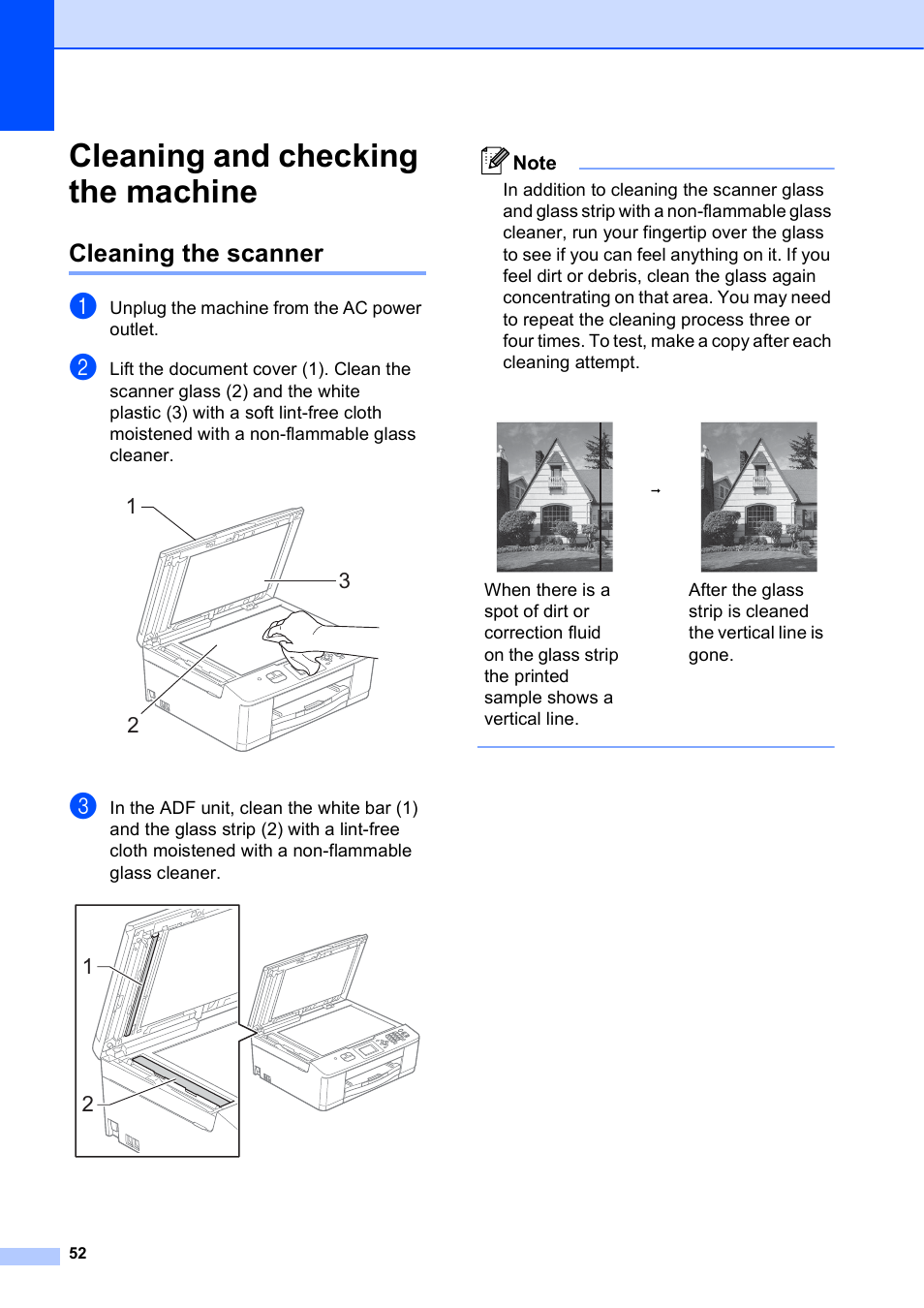 Cleaning and checking the machine, Cleaning the scanner | Brother Fax Machine MFC-J425W User Manual | Page 66 / 121