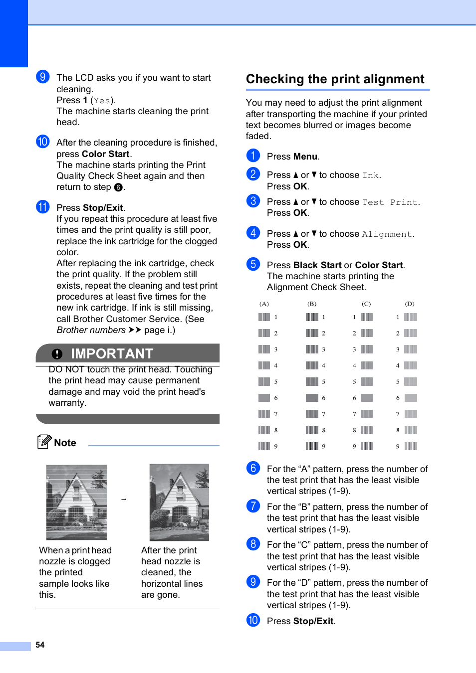 Checking the print alignment, Important | Brother Fax Machine MFC-J425W User Manual | Page 68 / 121