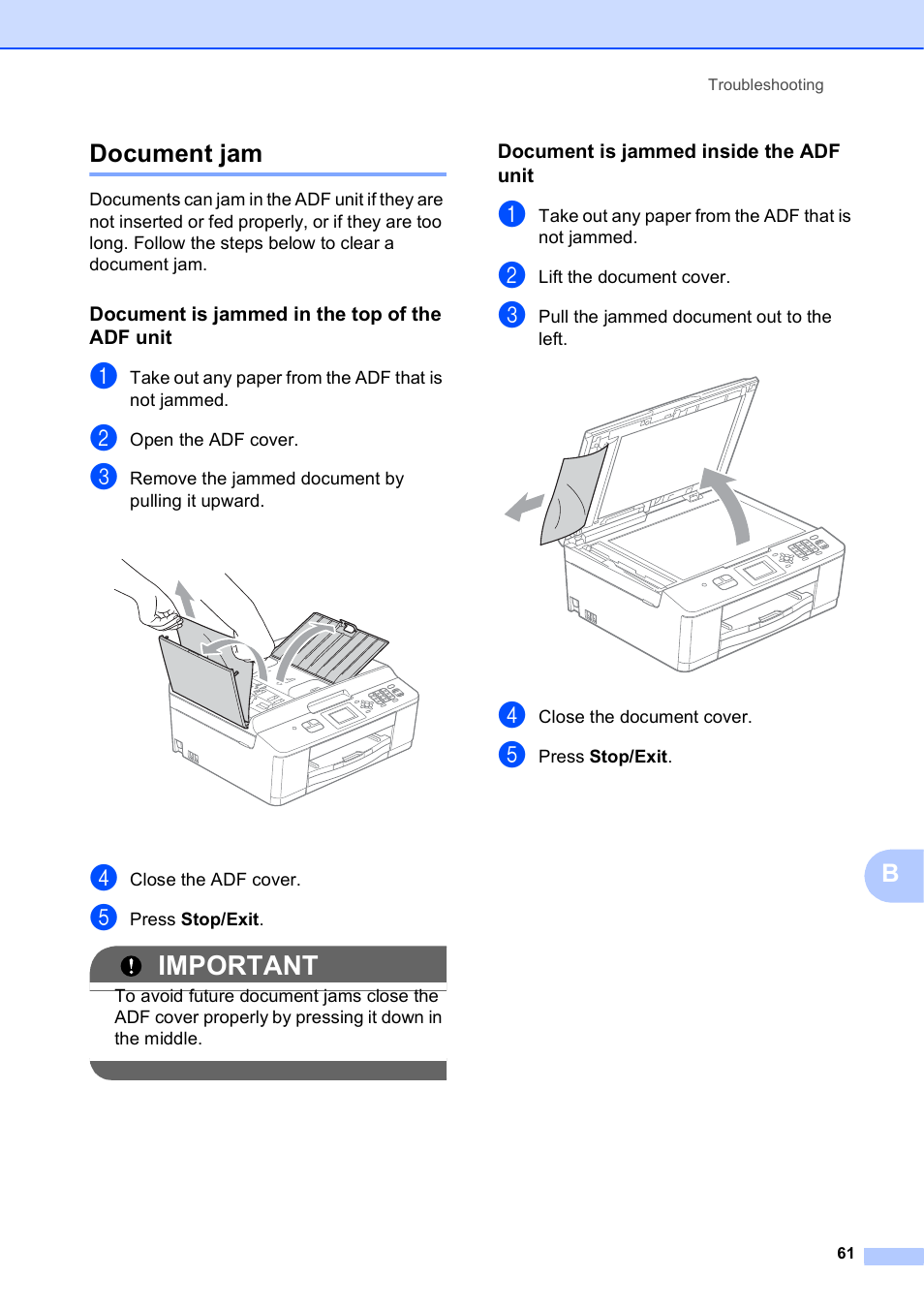 Document jam, Document is jammed in the top of the adf unit, Document is jammed inside the adf unit | Important, Bdocument jam | Brother Fax Machine MFC-J425W User Manual | Page 75 / 121