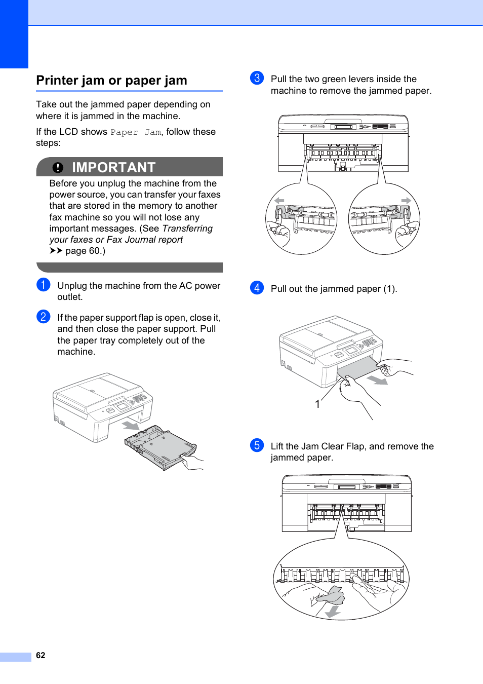 Printer jam or paper jam, Important | Brother Fax Machine MFC-J425W User Manual | Page 76 / 121