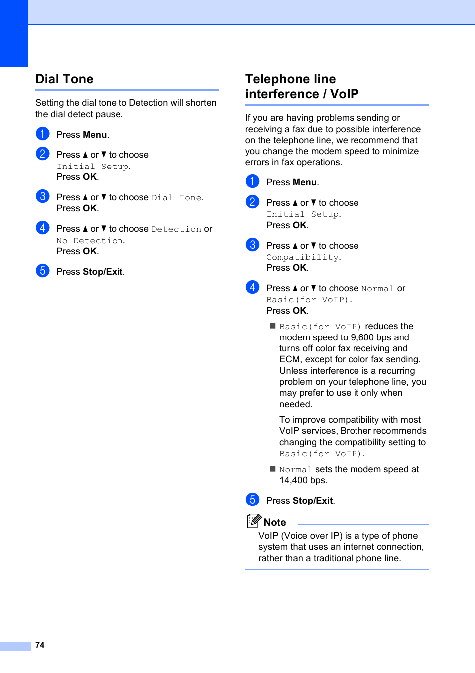 Dial tone, Telephone line interference / voip, Dial tone telephone line interference / voip | Brother Fax Machine MFC-J425W User Manual | Page 88 / 121