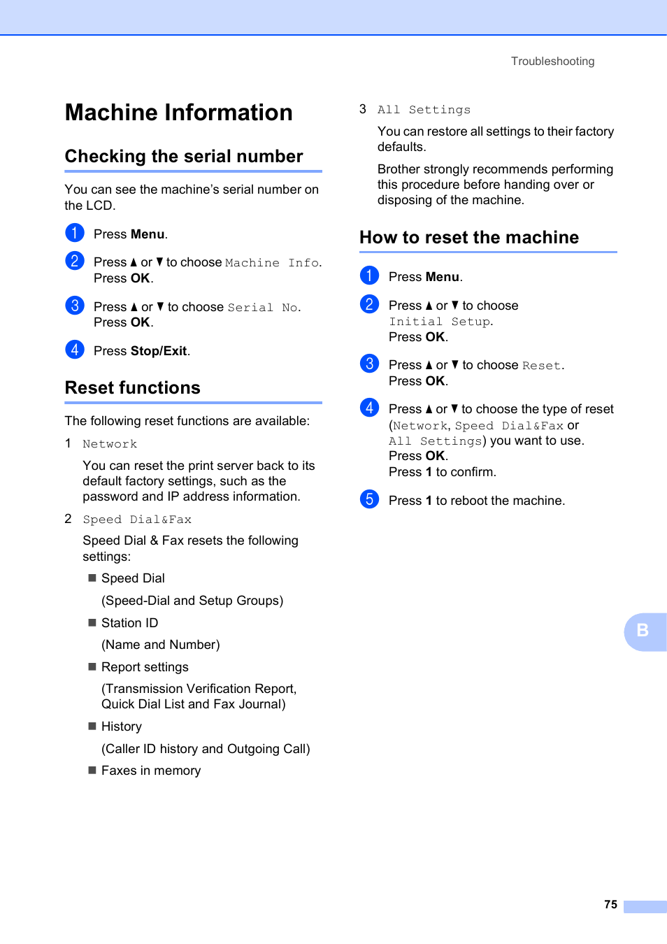 Machine information, Checking the serial number, Reset functions | How to reset the machine | Brother Fax Machine MFC-J425W User Manual | Page 89 / 121