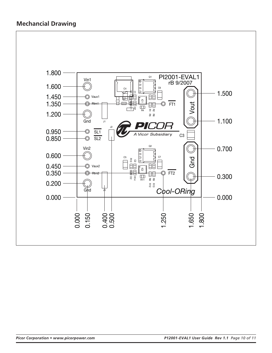 Cool-oring, Vout gnd, Mechancial drawing | Vicor PI2001-EVAL1 Active ORing Evaluation Board User Manual | Page 10 / 11