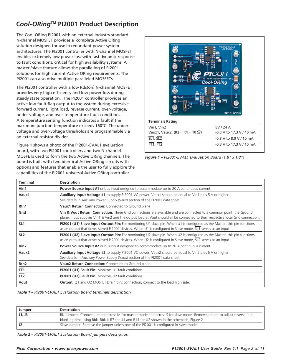 Cool-oring, Pi2001 product description | Vicor PI2001-EVAL1 Active ORing Evaluation Board User Manual | Page 2 / 11