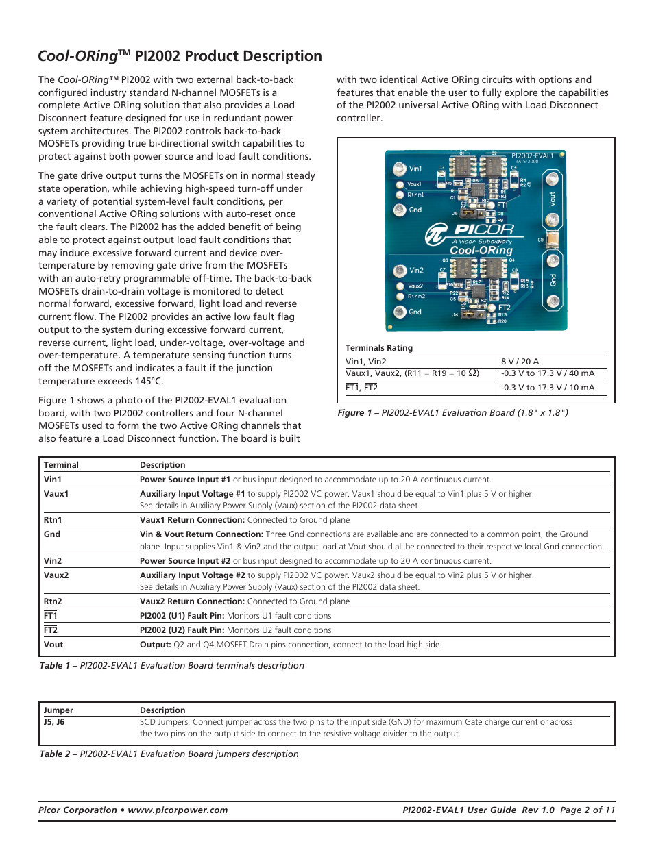 Cool-oring, Pi2002 product description | Vicor PI2002-EVAL1 Active ORing With Load Disconnect Evaluation Board User Manual | Page 2 / 11