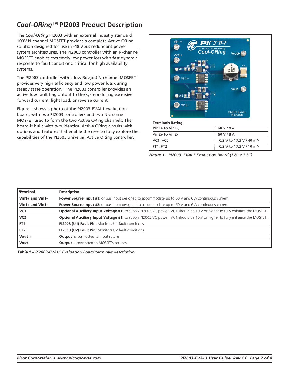 Cool-oring, Pi2003 product description | Vicor PI2003-EVAL1 Active ORing Evaluation Board User Manual | Page 2 / 8