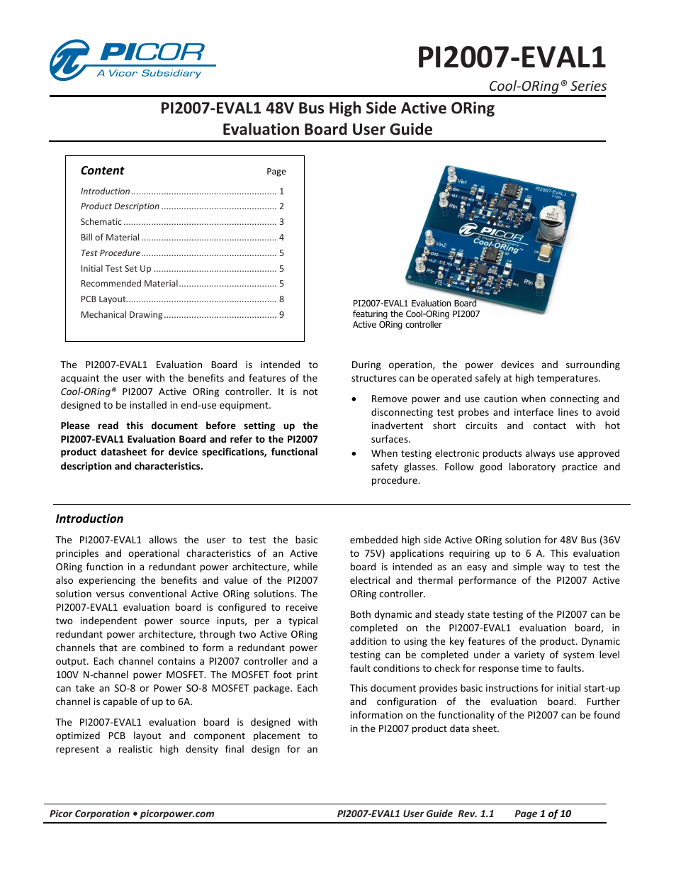 Vicor PI2007-EVAL1 48V Bus High Side Active ORing Evaluation Board User Manual | 10 pages