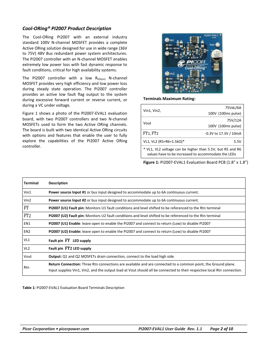 Product description, Cool-oring® pi2007 product description | Vicor PI2007-EVAL1 48V Bus High Side Active ORing Evaluation Board User Manual | Page 2 / 10