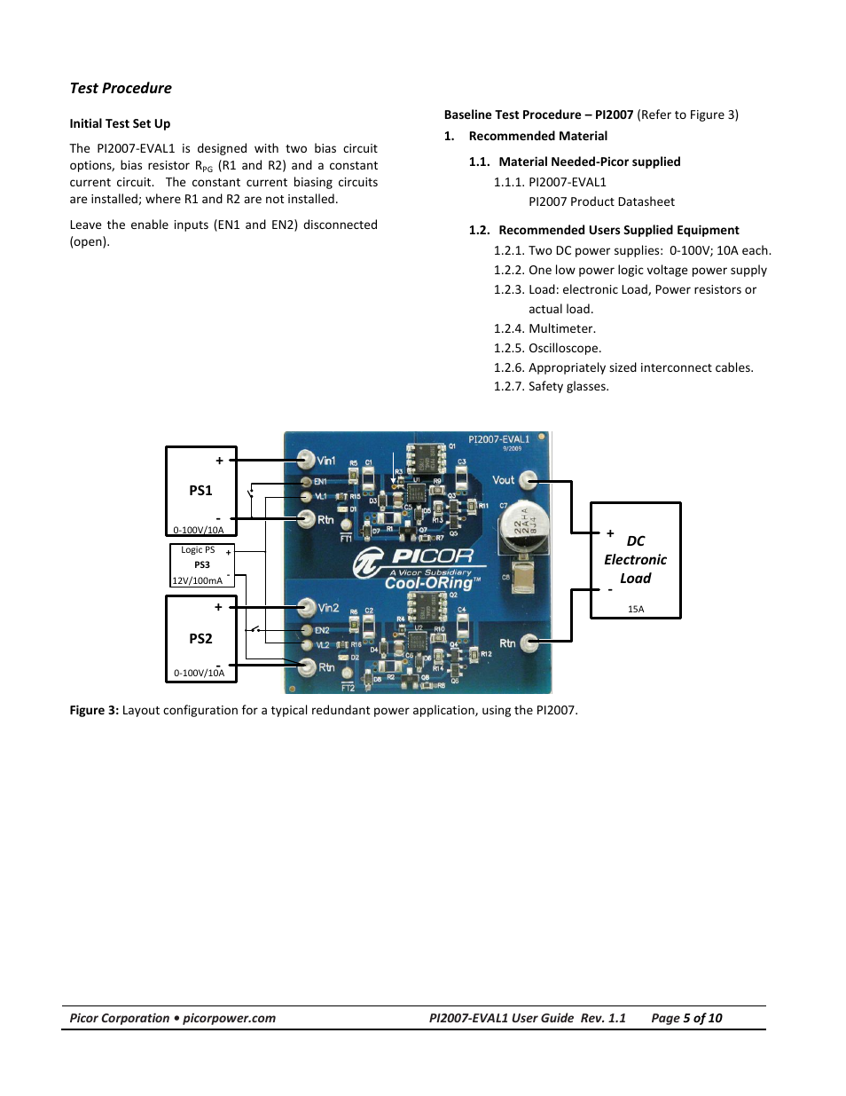Test procedure, Initial test set up, Recommended material | Vicor PI2007-EVAL1 48V Bus High Side Active ORing Evaluation Board User Manual | Page 5 / 10