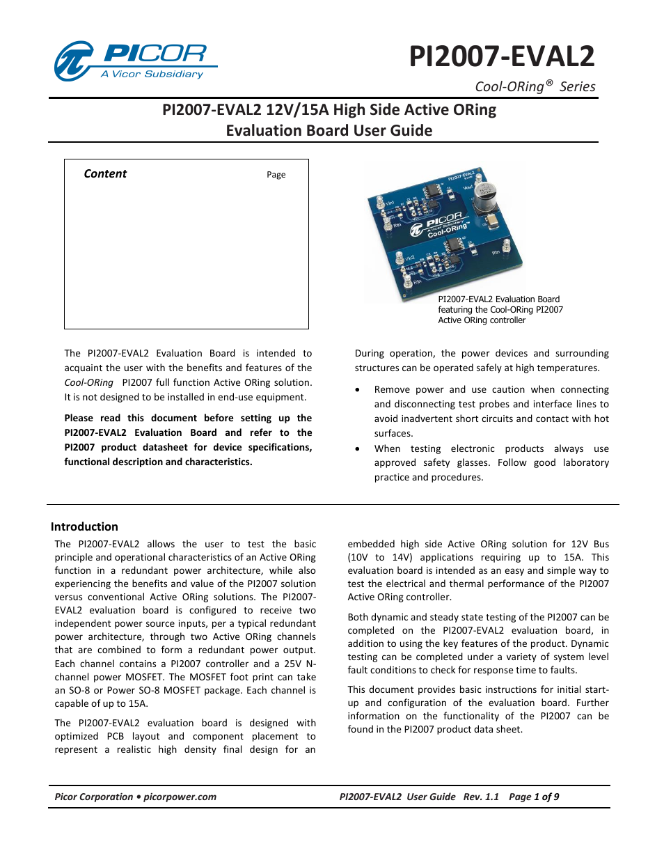 Vicor PI2007-EVAL2 12V/15A High Side Active ORing Evaluation Board User Manual | 9 pages