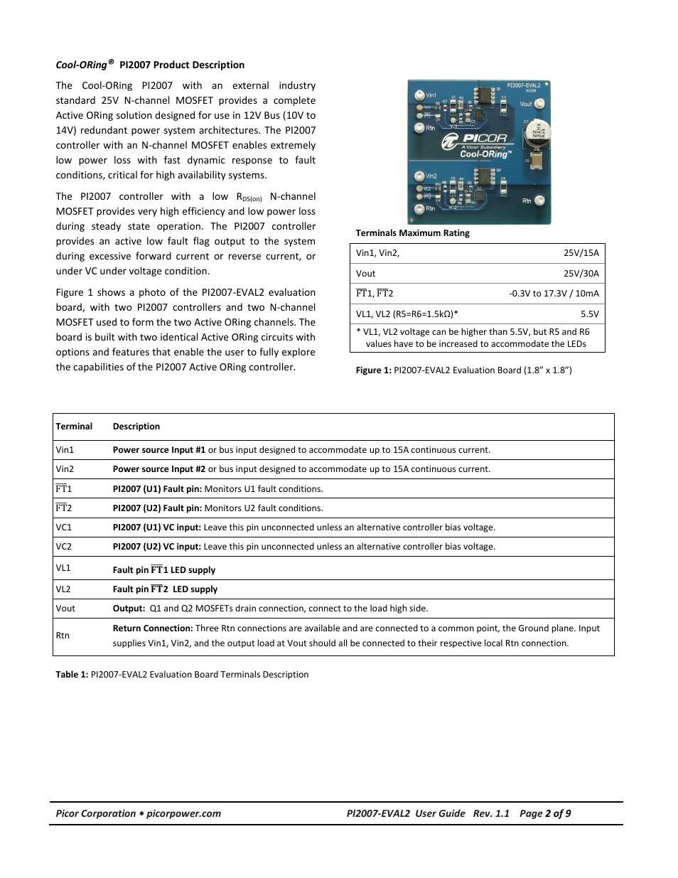 Product description | Vicor PI2007-EVAL2 12V/15A High Side Active ORing Evaluation Board User Manual | Page 2 / 9