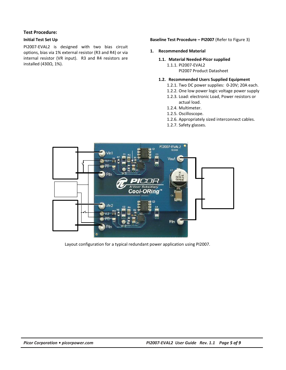 Test procedure, Recommended material | Vicor PI2007-EVAL2 12V/15A High Side Active ORing Evaluation Board User Manual | Page 5 / 9
