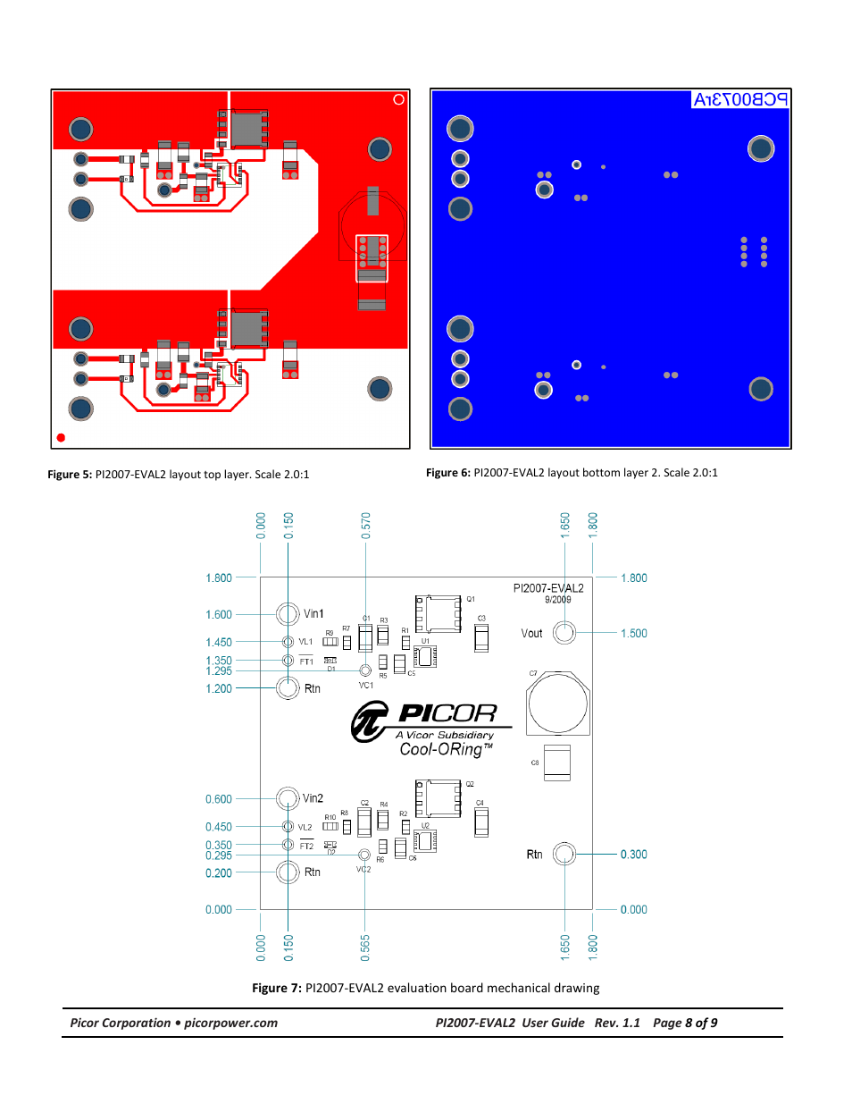 Pcb layout, Mechanical drawing | Vicor PI2007-EVAL2 12V/15A High Side Active ORing Evaluation Board User Manual | Page 8 / 9