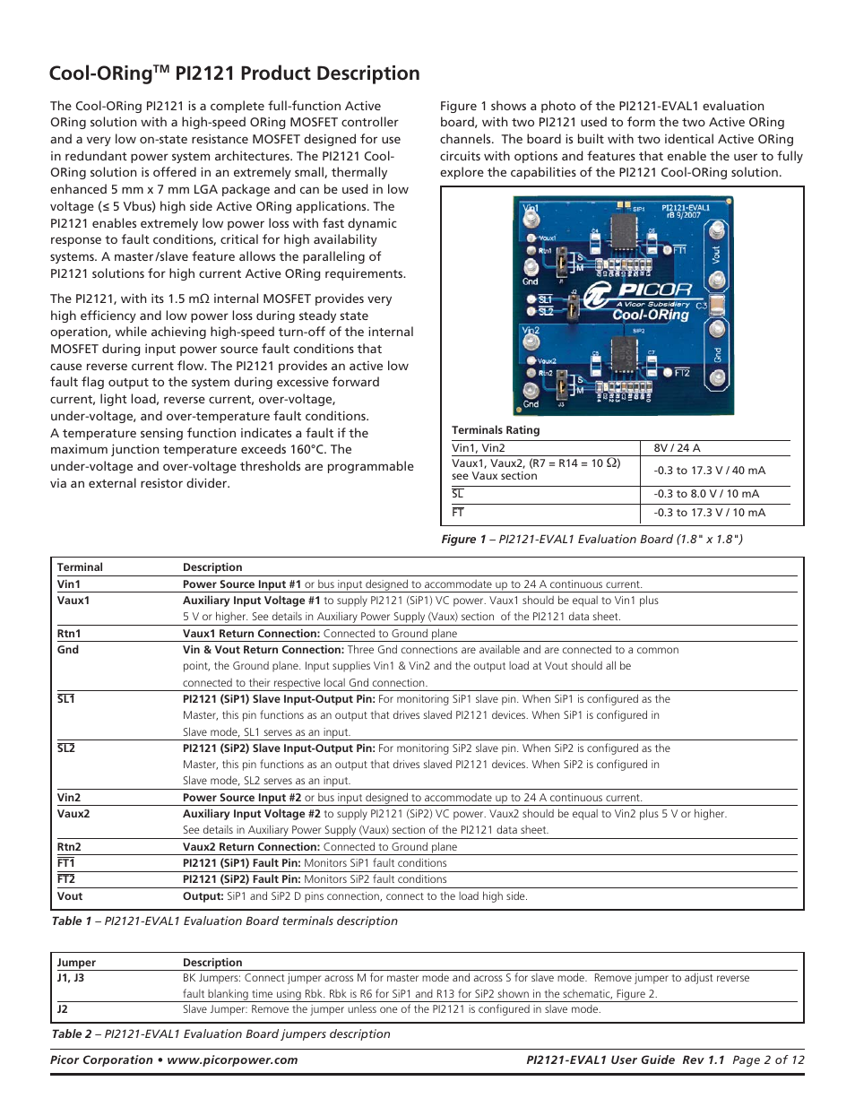 Cool-oring, Pi2121 product description | Vicor PI2121-EVAL1 Full-Function Active ORing Evaluation Board User Manual | Page 2 / 12