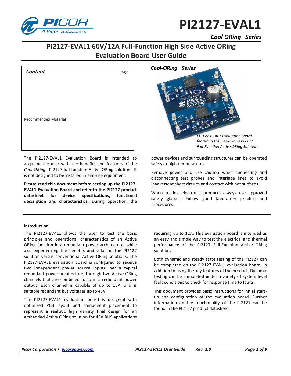 Vicor PI2127-EVAL1 60V/12A Full-Function High Side Active ORing Evaluation Board User Manual | 9 pages