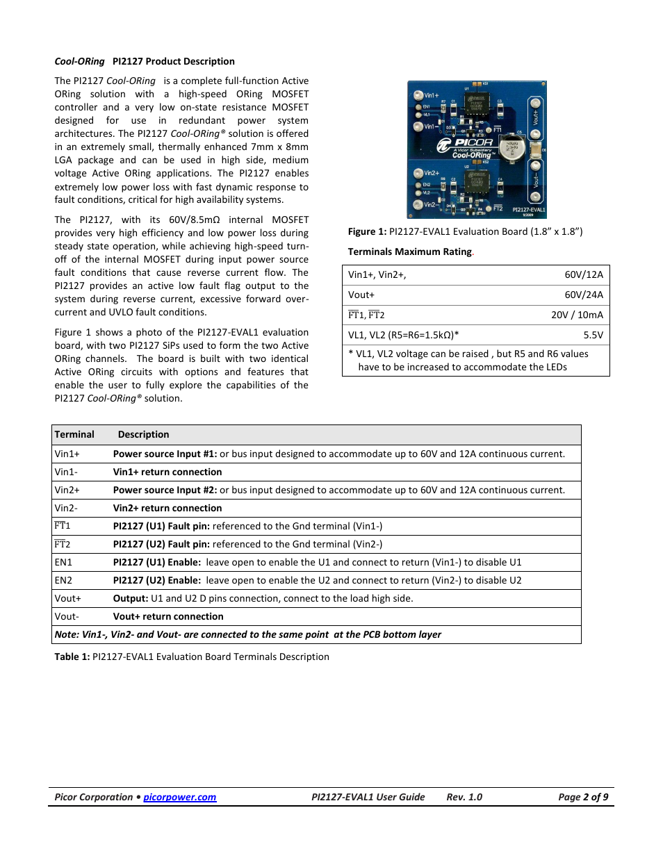 Product description | Vicor PI2127-EVAL1 60V/12A Full-Function High Side Active ORing Evaluation Board User Manual | Page 2 / 9