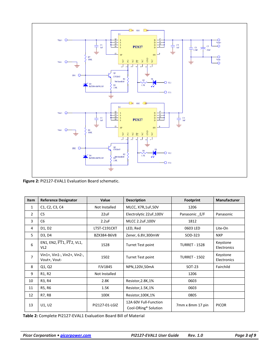 Schematic, Bill of material | Vicor PI2127-EVAL1 60V/12A Full-Function High Side Active ORing Evaluation Board User Manual | Page 3 / 9