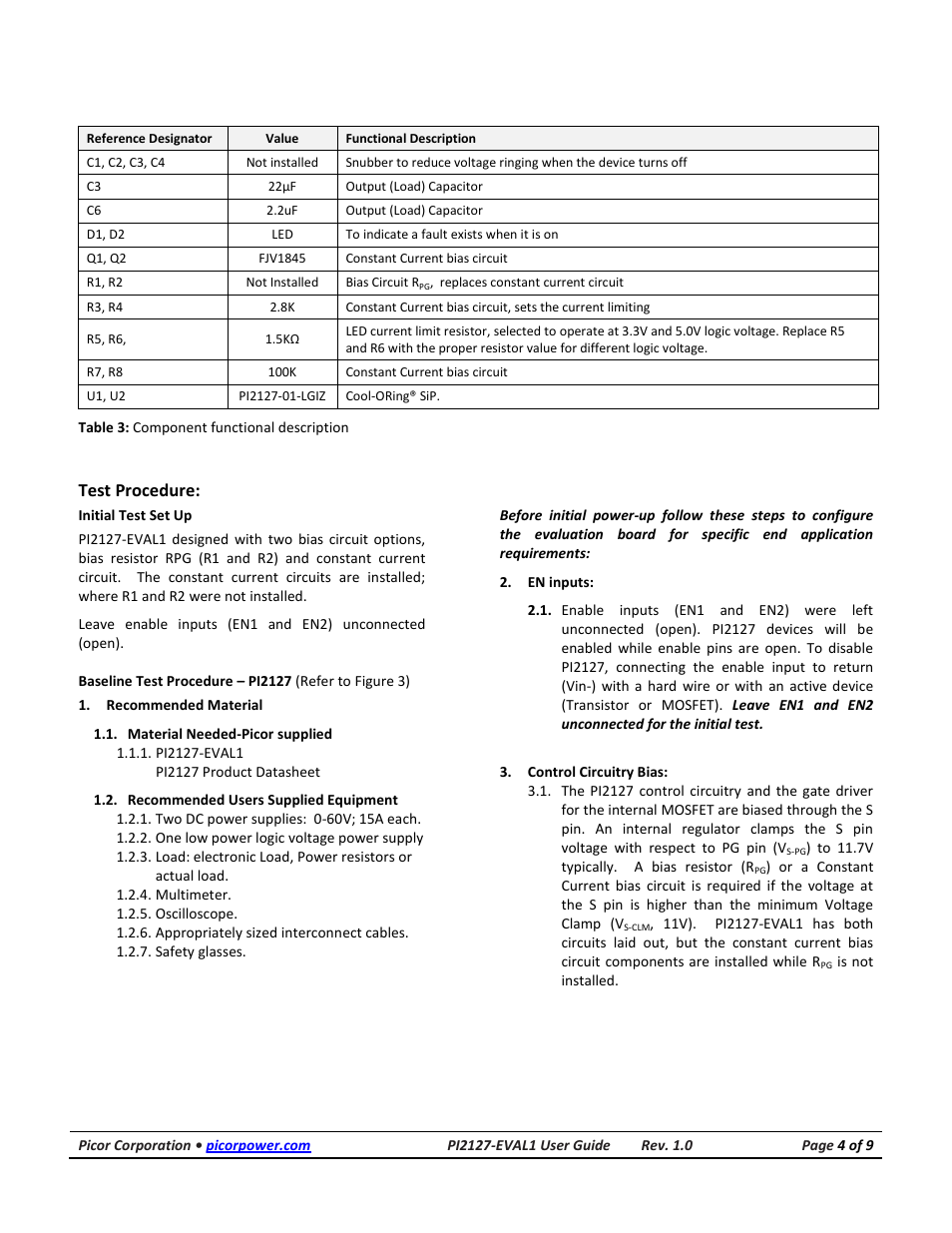 Test procedure, Recommended material | Vicor PI2127-EVAL1 60V/12A Full-Function High Side Active ORing Evaluation Board User Manual | Page 4 / 9